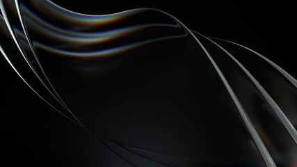 Poster - Smooth 3d render of twisted glass shapes on dark background with dispersion effect.