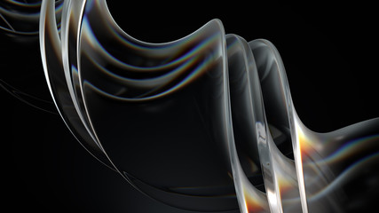 Poster - Smooth 3d render of twisted glass shapes on dark background with dispersion effect.