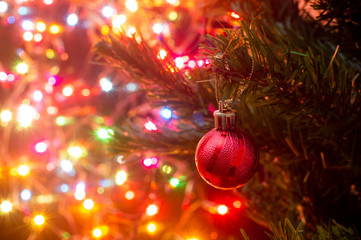 Wall Mural - red chritmas ball hankiing on tree with colorful bokeh background