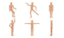 Wooden Mannequin With Joints In Different Poses Isolated On White Background Vector Set