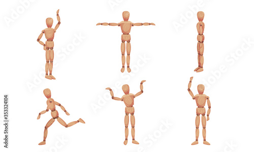 Fotomural Wooden Mannequin with Joints in Different Poses Isolated on White Background Vec