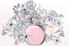 Fashion Illustration With Perfume Bottle,  Butterflies And Rose Flowers