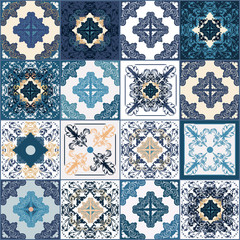 Poster - Traditional ornate  decorative color tiles azulejos in portuguese style. Abstract background. Vector hand drawn illustration, Mediterranean tiles, Ceramic tiles