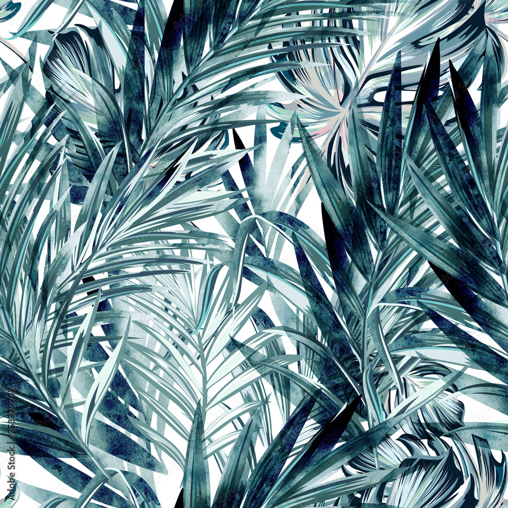 Tropical vector background with palm leaves, vacation concept - obrazy, fototapety, plakaty 