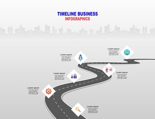 Leinwandbilder - Vector template infographic Timeline of business operations with flags and placeholders on curved roads. Symbols, steps for successful business planning Suitable for advertising and presentations.