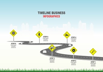 Leinwandbilder - Vector template infographic Timeline of business operations with flags and placeholders on curved roads. Symbols, steps for successful business planning Suitable for advertising and presentations.