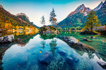 Wall Mural - astonishing autumn view of hintersee lake with hochkalter peak on background, germany, europe. calm 