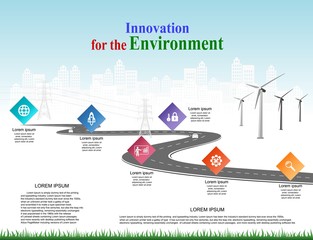 Leinwandbilder - Vector template infographic Timeline of business operations with flags and placeholders on curved roads. Symbols, steps for successful business planning Suitable for advertising and presentations.