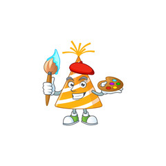 Sticker - creative Artist of yellow party hat cartoon character painting using a brush