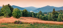 Panoramic Morning View Of The Valley Of Lacul Dragan Lake, Cluj County, Romania. Stunning Summer Sunrise On Apuseni Mountains. Beauty Of Nature Concept Background..