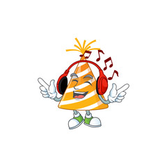 Wall Mural - Cartoon drawing design of yellow party hat listening to the music with headset