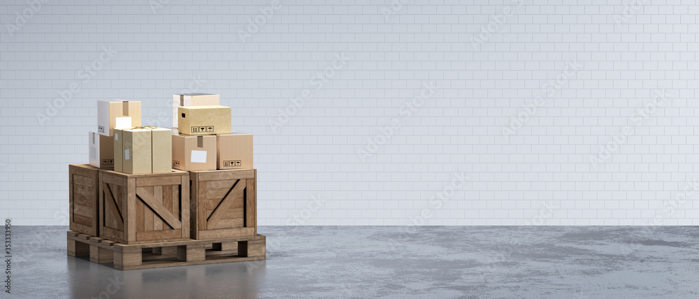 3d rendering illustration of goods delivery system. Wooden pallet with pile of cardboxes in big industrial room waiting for transportation. Shipping equipment. - obrazy, fototapety, plakaty 