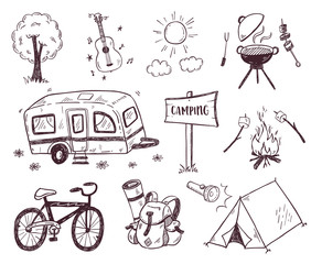 Wall Mural - hand drawn doodle camping vector elements, icons set with bonfire, adventure, hiking and touristic e