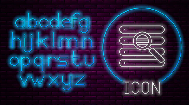 Glowing neon line Search in a browser window icon isolated on brick wall background. Neon light alphabet. Vector Illustration.