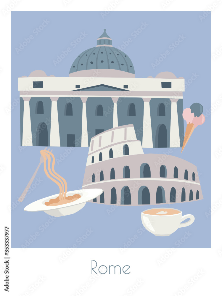 Vector postcard with Rome symbols. Colosseum, St Paul's Cathedral and ...