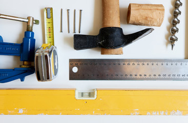 Tools on white background. Wood carpentry tools.