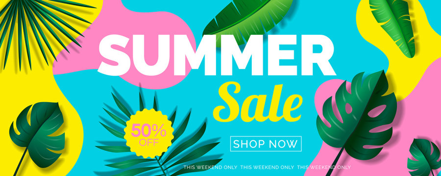 summer sale banner design with tropical leaves on geometric colorful abstract shapes background