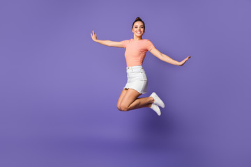 Sticker - Full length body size view of her she nice attractive lovely pretty cute cheerful cheery girl jumping spending vacation isolated on bright vivid shine vibrant lilac violet purple color background