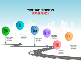 Leinwandbilder - Vector template infographic Timeline of business operations with flags and placeholders on curved roads. Symbols, steps for successful business planning Suitable for advertising and presentations.