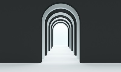 Poster - Entrance to the black arched corridor with white floor. 3d rendering
