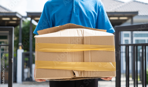Delivery man Frightened with cardboard box damaged broken accident before delivering to customers at home, Express service client online shopping comfortable payment package product.