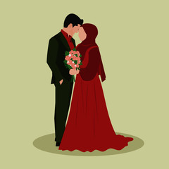 Vector illustration of a Muslim couples marriage, with a Man wearing Green Suit and Woman holding a flower in her hand wearing Hijab and Red dress