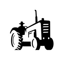 Wall Mural - Organic Farmer Driving Vintage Farm Tractor Silhouette Retro Monochrome