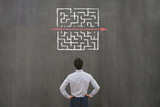 Fototapeta  - simple easy fast solution concept, problem solving, business man thinking about exit from complex labyrinth maze