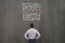 Simple Easy Fast Solution Concept, Problem Solving, Business Man Thinking About Exit From Complex Labyrinth Maze