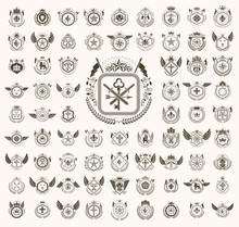 Vintage Heraldic Emblems Vector Big Set, Antique Heraldry Symbolic Badges And Awards Collection, Classic Style Design Elements, Family Emblems.