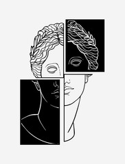 female head of a Greek statue on a geometric background, black and white hand-drawn tattoo, goddess Venus