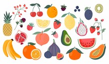 Different Fruits Collection, Doodle Style, Isolated On White