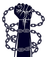 Slavery theme illustration with strong hand clenched fist fighting for freedom against chain, vector logo or tattoo, getting free, struggle for liberty.