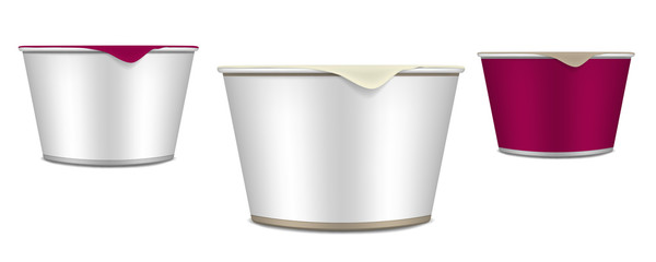 Wall Mural - round food cup with tear off foil lid - front view, vector mockup. snack color pots isolated on whit
