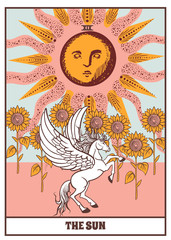 Wall Mural - Tarot card sun, sunflowers and white pegasus. Occult, fortune telling, tapestry