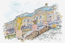 Waterclor Drawing Picture Of Grand Cascade At Grand Palace At Peterhof Palace Famous Landmark At Saint Petersburg Russia.