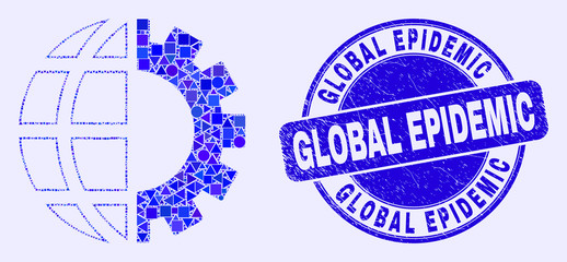 Geometric global industry mosaic icon and Global Epidemic seal stamp. Blue vector rounded grunge seal stamp with Global Epidemic phrase. Abstract mosaic of global industry made of sphere, triangles,