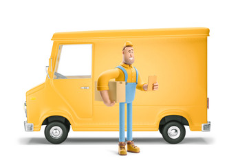 Truck delivery service and transportation. 3d illustration. Cartoon yellow car with driver character.