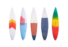 Set Of Colorful Wooden Vintage Surfboard Isolated On White Background With Clipping Path