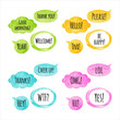 © Elena Panevkina - Set, collection of watercolor vector speech bubbles, text balloons, clouds and oval frames with Thanks, Welcome, greetings. Pink, yellow, green, blue watercolour hand drawn shapes, design elements.
