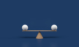 Fototapeta Przestrzenne - Equal white spheres balancing on a seesaw 3d illustration isolated on white blue background. 3d render balance scale. 
