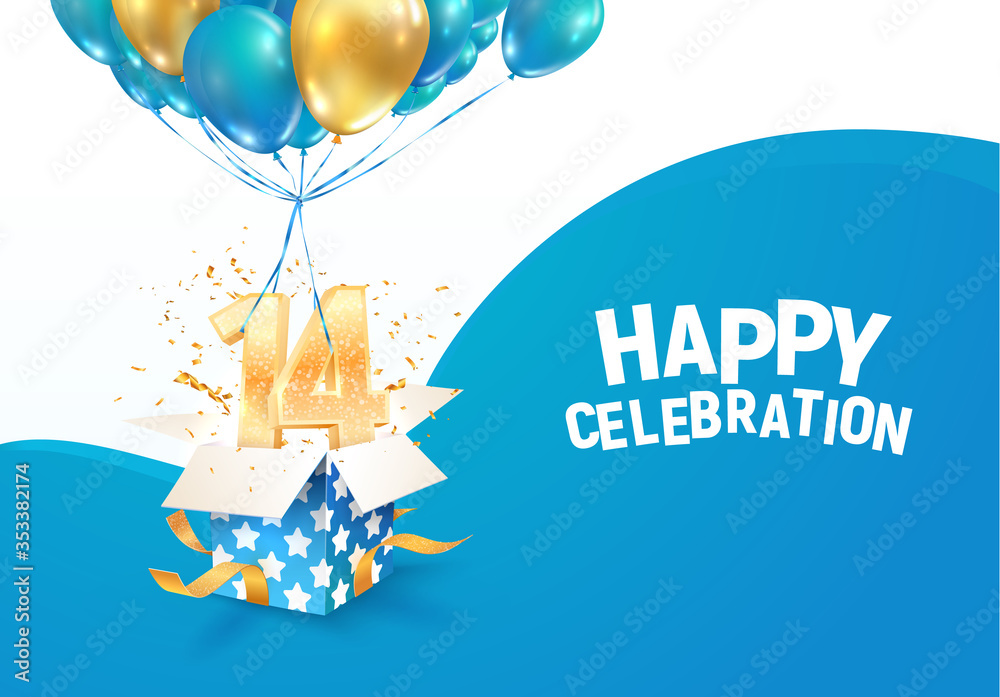 Celebrating of 14 th years birthday vector illustration. Fourteen anniversary celebration. Teenage birth day. Open gift box with numbers one and four flying on balloons  - obrazy, fototapety, plakaty 