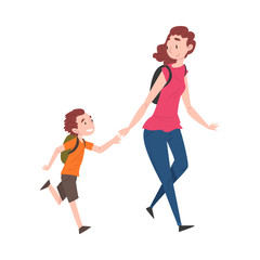 Poster - Mom and Her Son Walking Together Holding Hands Cartoon Style Vector Illustration on White Background