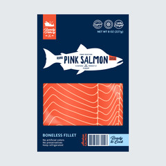 Wall Mural - Vector wild Alaskan pink (humpback) salmon packaging design. Modern style seafood label template. Raw salmon fillet in a package on a grey background