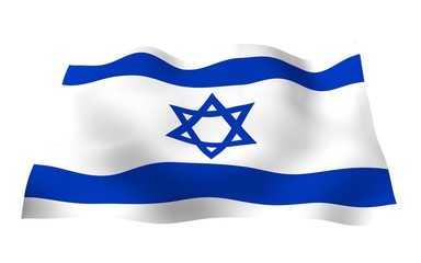 The flag of Israel. State symbol of the State of Israel. A blue Star of David between two horizontal blue stripes on a white field. 3d illustration