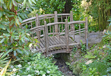 An Old Rustic Fence Over A Tiny Stream In An English Country Garden In Devon, England