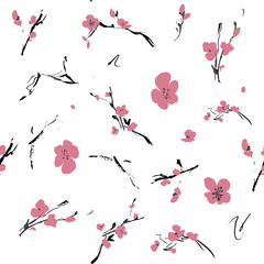 Sticker - Floral seamless pattern with sakura flowers. Vector illustration