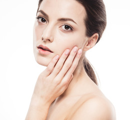 Young beautiful woman with hands  portrait with healthy skin studio on white