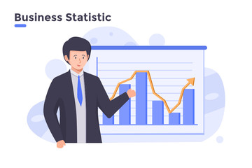 vector flat illustration businessman presenting the business plan or planning, economy growth plan during covid-19 coronavirus pandemic. money exchange rates concept. financial economic chart graph. 