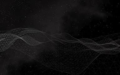 Black abstract background. Hi tech network. Cyberspace grid. Outer space. Starry outer space texture. 3D illustration